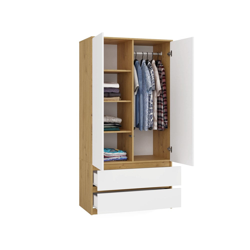 Moderne garderobekast MALWA SS-90 met TIP-ON, 5 planken en 2 lades | Artisan Eik/Wit | 90x180x50 cm