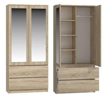 SS-90 Garderobekast met 2 spiegels, TIP-ON deuren, 4 planken, 2 laden | Sonoma eiken | 180x90x50 cm