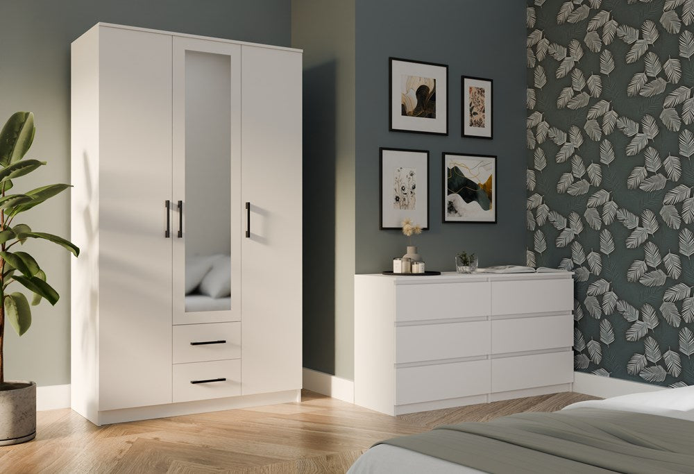 Moderne slaapkamerkast ROMANA 120 met spiegel - 3 deuren & lades | Kleur: Wit | Maat: 205x120x52 cm