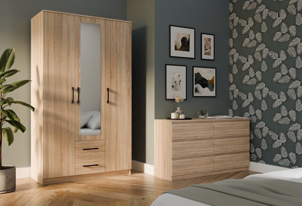 Romana 120 Moderne slaapkamerkast met spiegel - 3 deuren, 2 lades | Sonoma eiken | 205x120x52 cm