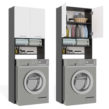 Badkamerkast Pola DK met plank boven wasmachine - Ruime opbergruimte | Antraciet/Mat wit