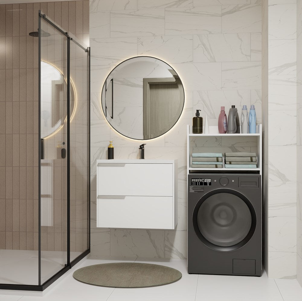 Mat Witte Badkamerkast NINA NP met Planken voor Boven Wasmachine | Kleur: Mat Wit | 64x126x30 cm