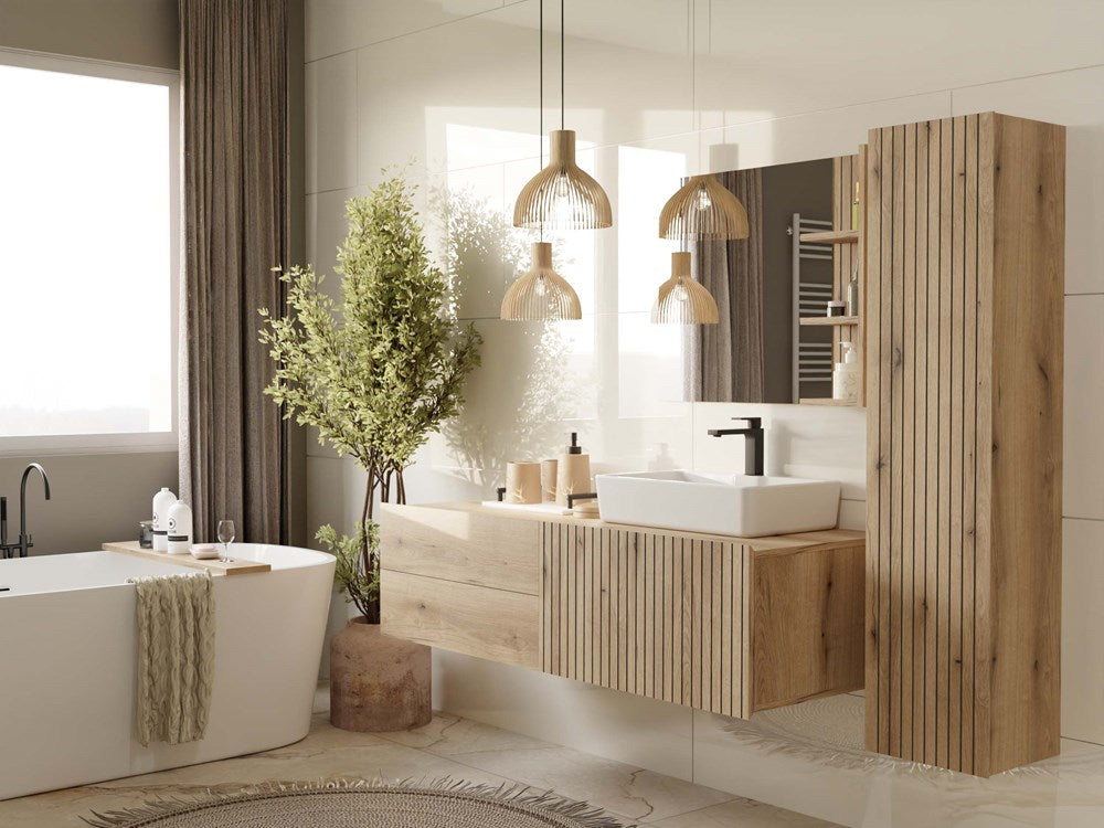 Hangende Badkamerkast TIGO 1D met Geribde Deur – Stijlvol en Praktisch | Kleur: Evoke Eiken