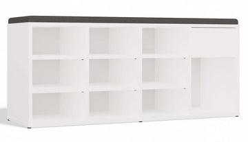 Schoenenkast met Zitting en Lade TALLINN – 9 Schoenenvakken en Zijvak | Mat Wit | 110x49x35 cm