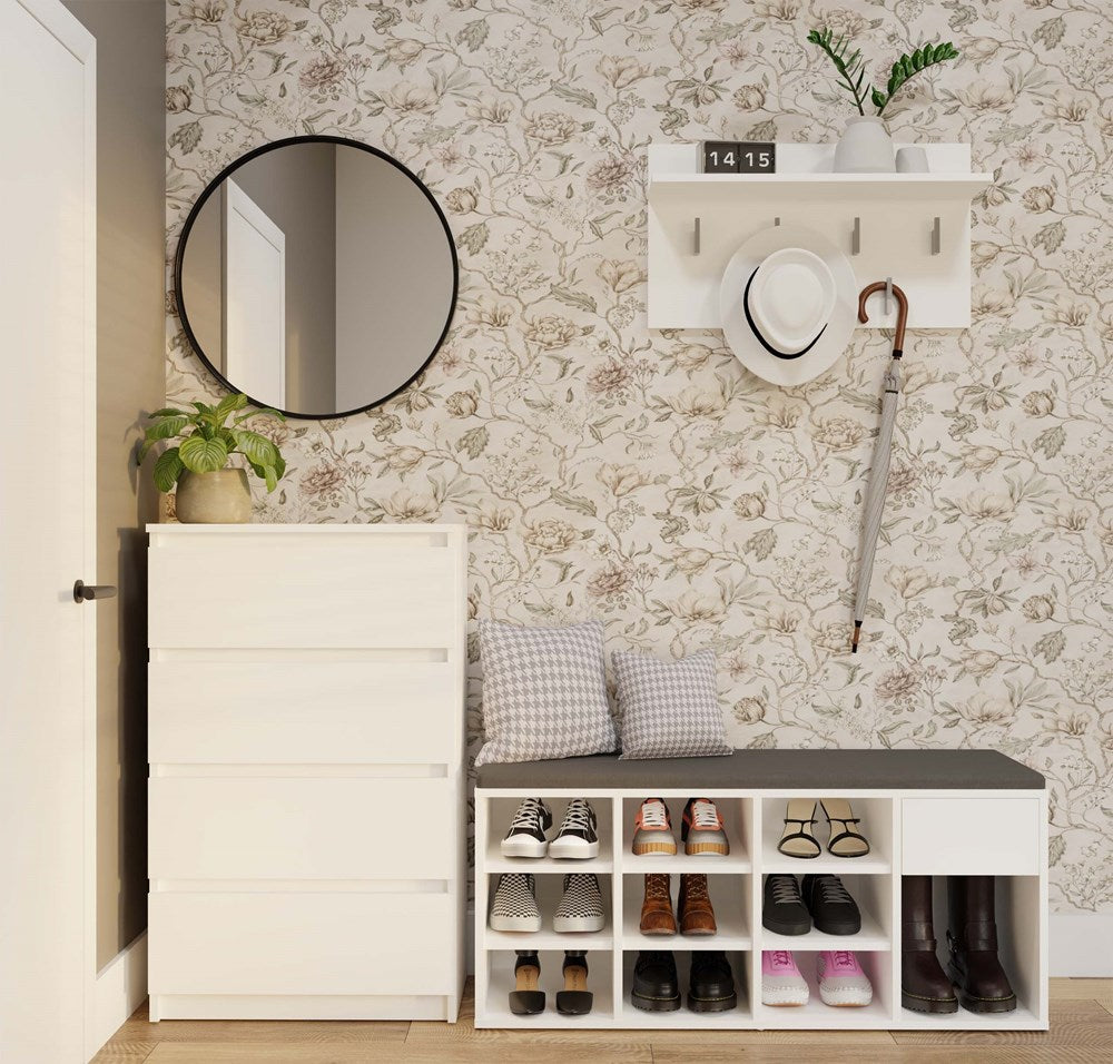 Schoenenkast met Zitting en Lade TALLINN – 9 Schoenenvakken en Zijvak | Mat Wit | 110x49x35 cm