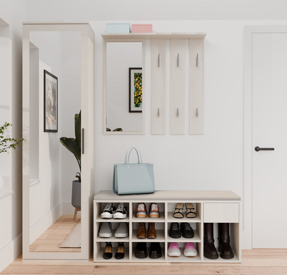Schoenenkast met Zitting en Lade – Model Tallinn voor 9 Paar Schoenen | Kleur: Kasjmier | Afm: