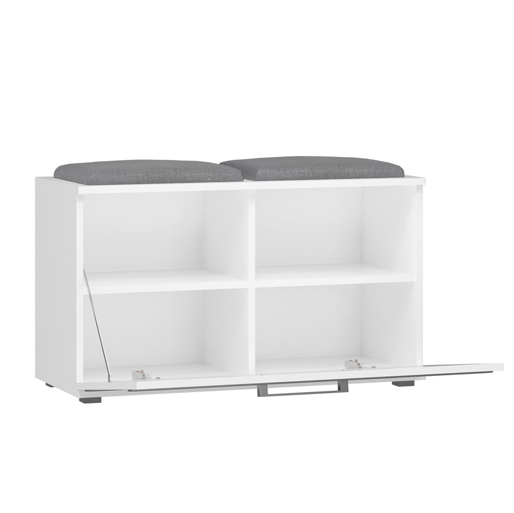 Schoenenkast met zitting OPAAL – 4 planken, scharnierende deuren | Kleur: Mat wit | Maat: 85x35x45