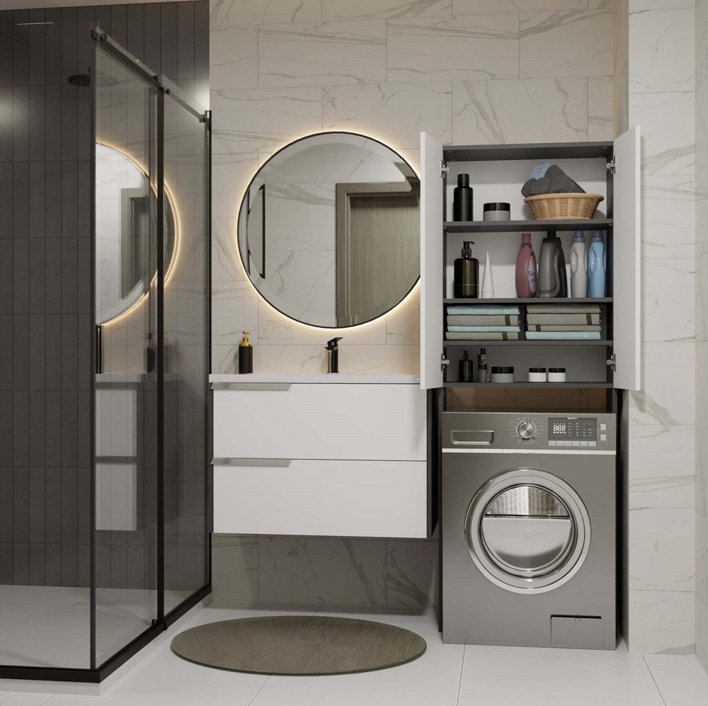 Badkamerkast Pola DD met lange deuren en nis - Opbergruimte boven wasmachine | Antraciet/Mat Wit