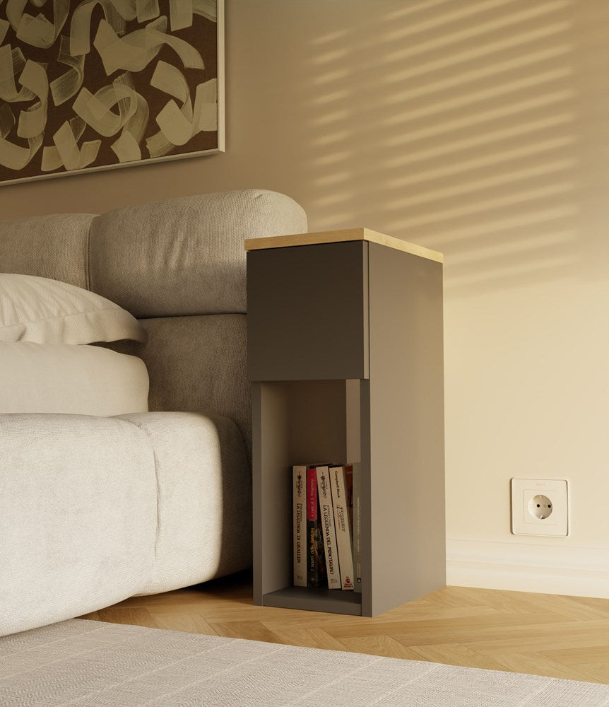 Modern GALAX 20 1S nachtkastje met lade - Compact bedkastje | Kleur: Antraciet & Eiken