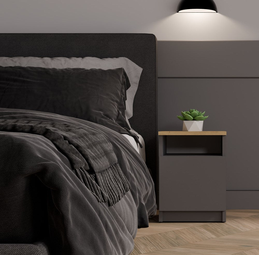 Modern bedkastje met deur en open schap GALAX 30 1D | Kleur: Antraciet / Eiken | Maat: 30x30x40 cm