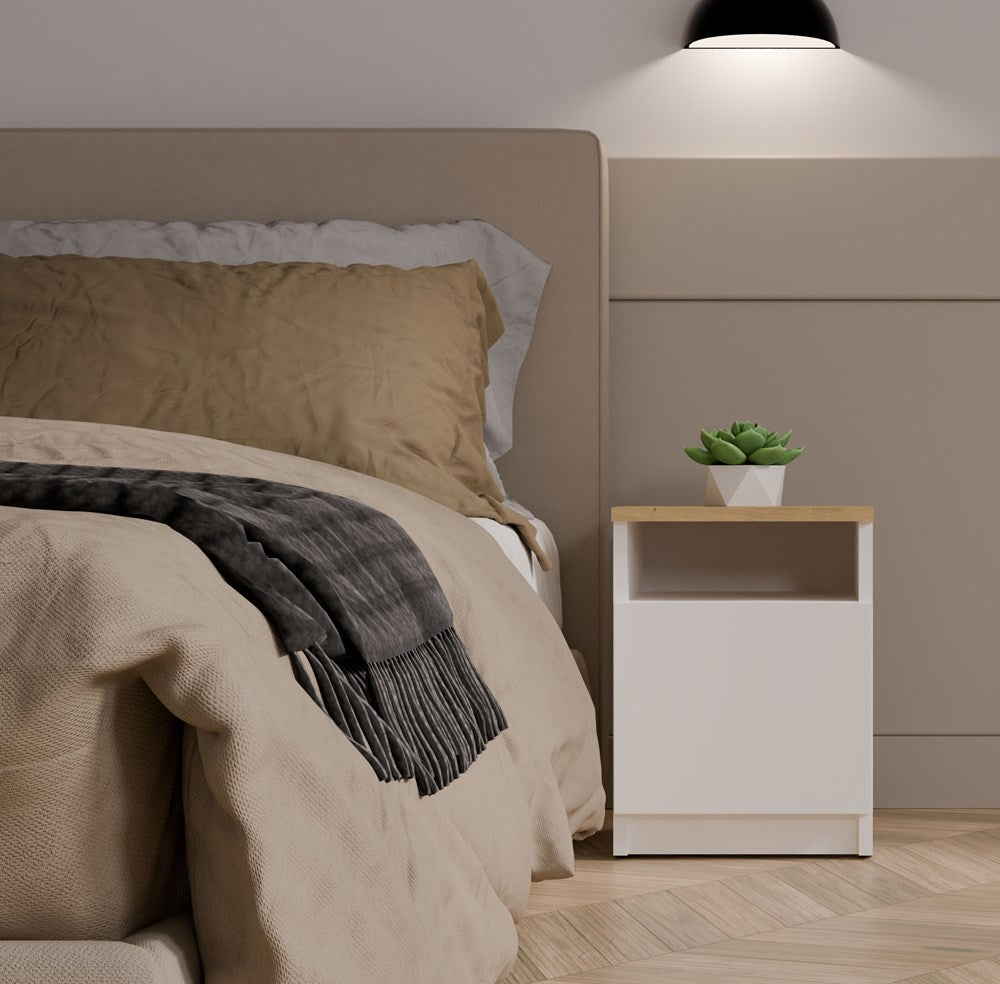 Modern nachtkastje GALAX 30 1D - Met deuren, TIP-ON systeem | Kleur: Wit/ambachtelijk eiken
