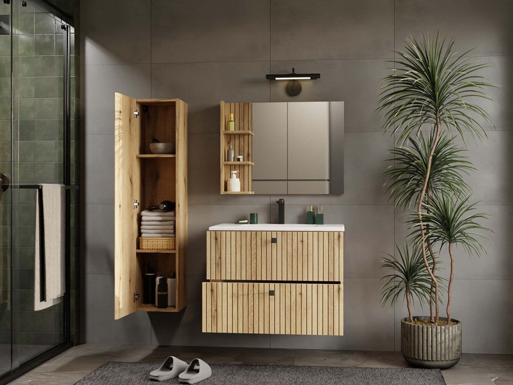 Hangende Badkamerkast TIGO 80 2Lades – Softclose, Geribd MDF | Kleur: Evoke Eiken