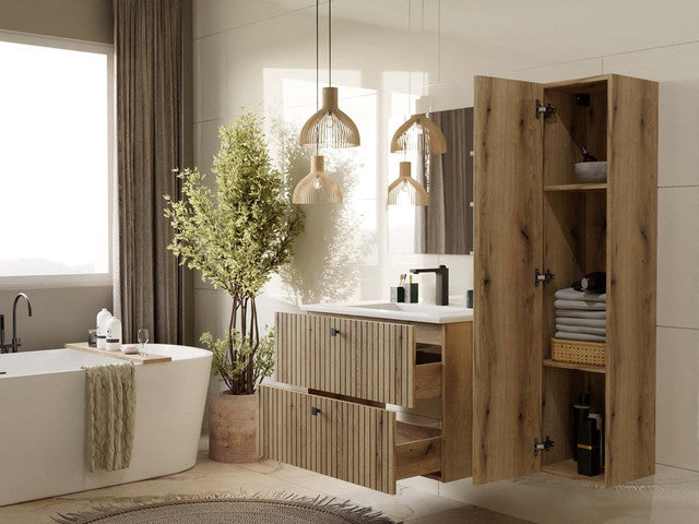 Hangende Badkamerkast TIGO 80 2S met Wastafel en 2 Lades | Kleur: Evoke Eiken | Maat: 80x47x59 cm