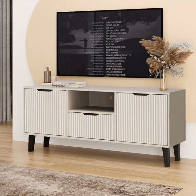 Scandi Slim TV-meubel met Lade en 2 Deuren - Ruime Opbergruimte | Kleur: Kasjmier Beige | 140x58x39