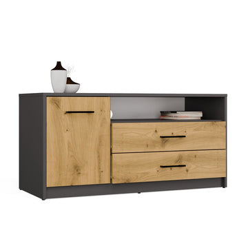 Modern TV-meubel Simplo 1D2S - 2 laden, 1 deur, open plank | Antraciet & Ambachtelijk Eiken
