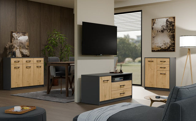 Modern TV-meubel Simplo 1D2S - 2 laden, 1 deur, open plank | Antraciet & Ambachtelijk Eiken