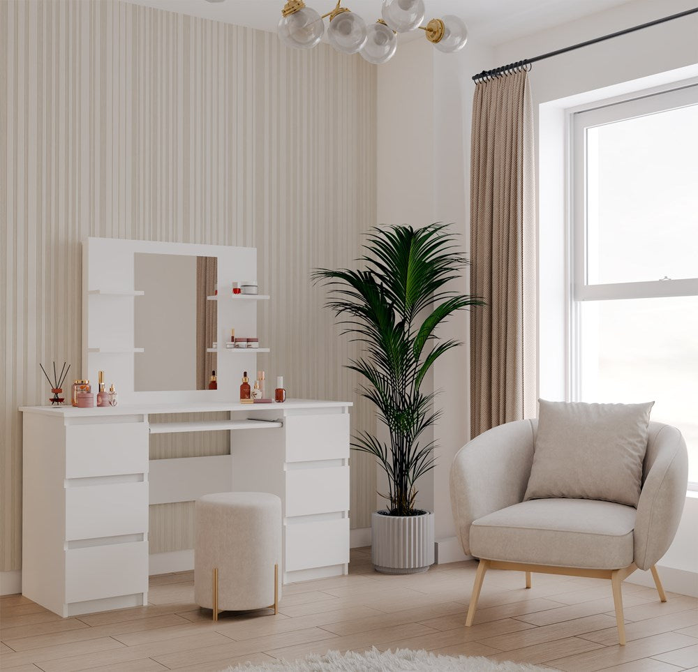 Elegante kaptafel MARINA KUBA met spiegel & 4 planken - 6 lades | Kleur: Wit | Maat: 130x51x76 cm