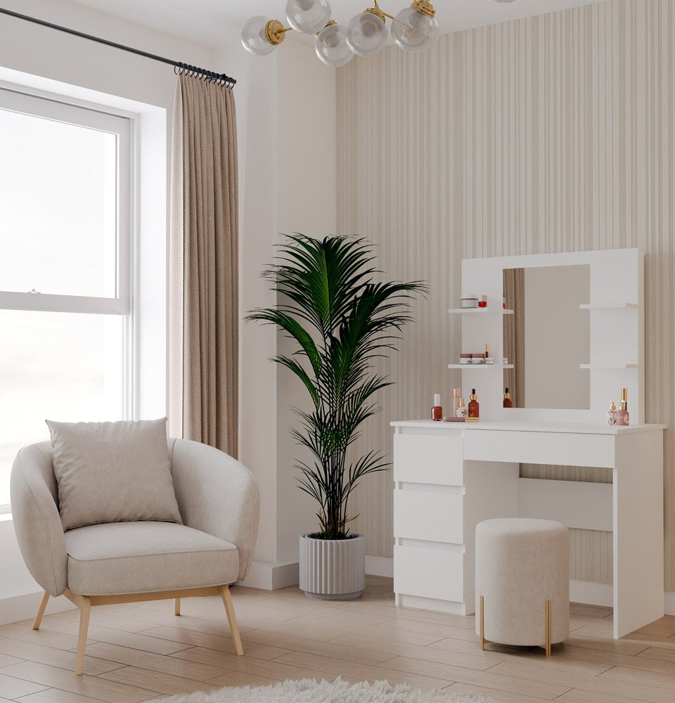 Moderne Kaptafel MARINA 4P + MIJAS L met Spiegel en Lades | Kleur: Wit | Maat: 98x51x146 cm