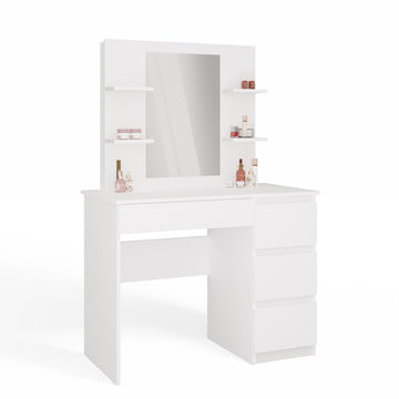 Moderne witte kaptafel MARINA 4P + MIJAS P met spiegel en planken | Kleur: Wit | Maat: 98x51x146 cm