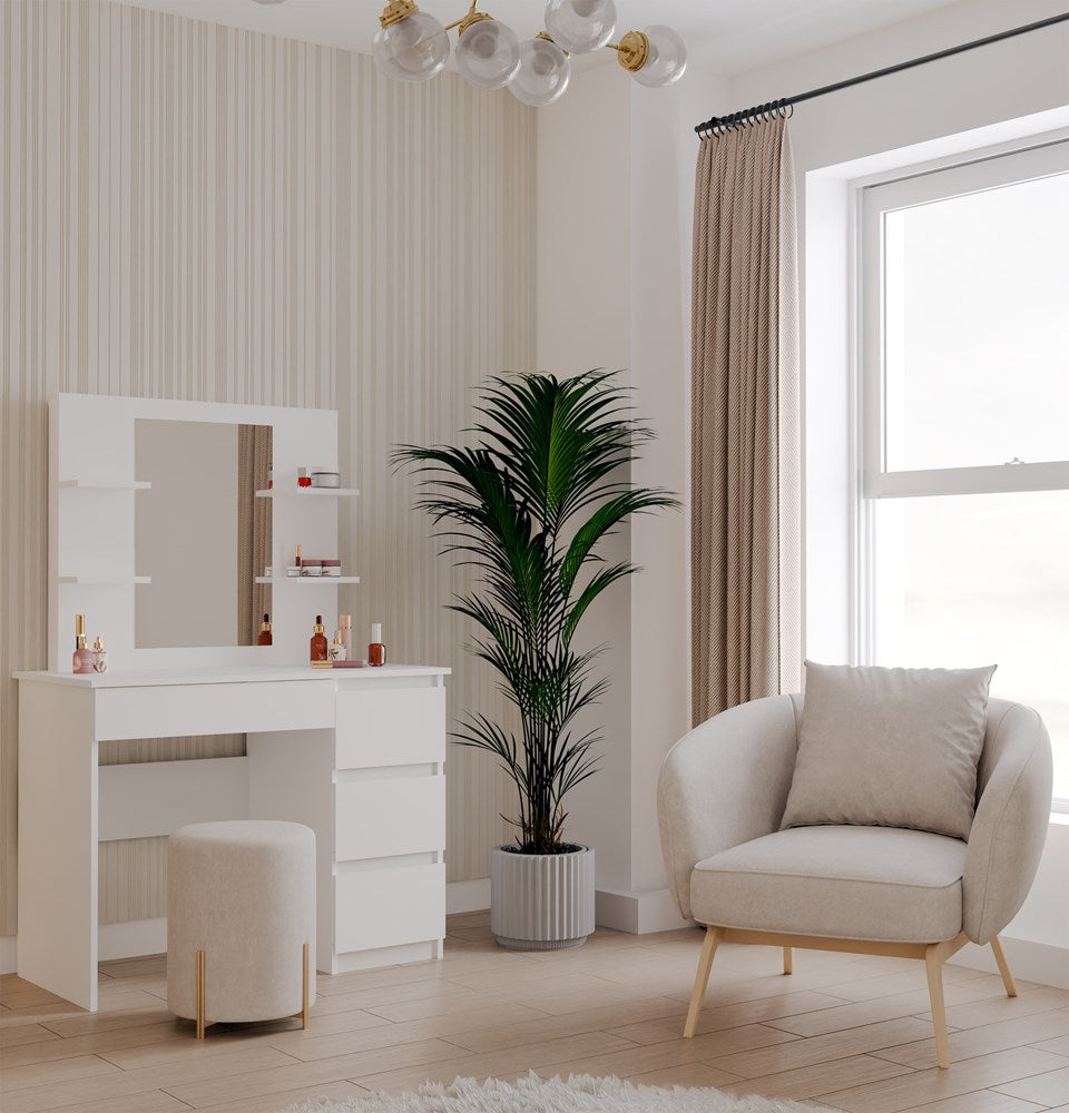 Moderne witte kaptafel MARINA 4P + MIJAS P met spiegel en planken | Kleur: Wit | Maat: 98x51x146 cm