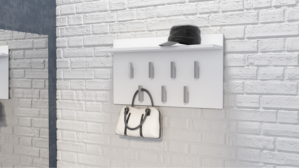 Witte klerenhanger met plank en 7 haken – Model 2F | Kleur: Wit | Maat: 70x40x20 cm