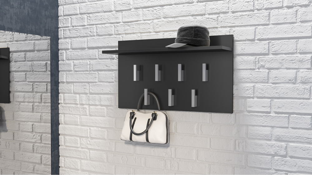 Moderne klerenhanger met plank en 7 haken – Compact en stevig | Kleur: Zwart | Maat: 70x40x20 cm