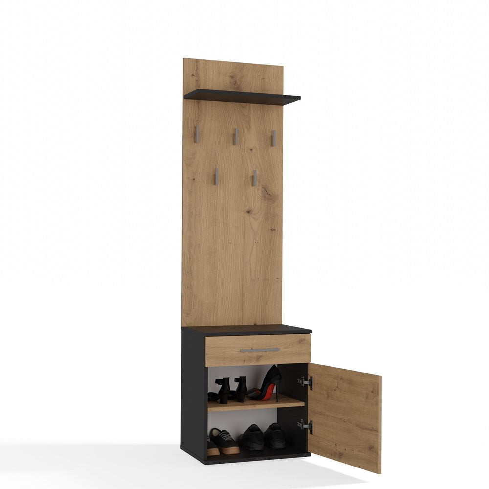 Schoenenkast DUO met hanger en lade - Compacte opbergruimte voor schoenen & jassen | Artisan eiken