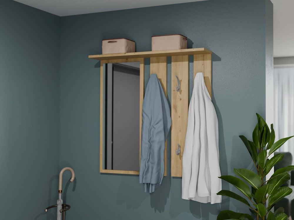 Hanger met Plank en Spiegel Opaal - Kapstok met 6 Haken | Kleur: Artisan eiken | Maat: 85x15x82 cm