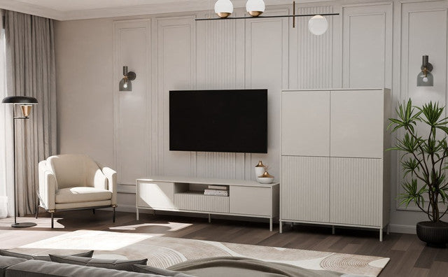 KAMARO 4DK Vitrinekast met glad & geribbeld kasjmier front, 8 vakken | Kleur: Kasjmier