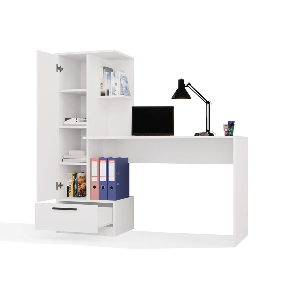 COSMO bureau met plank – Modern werkmeubel met opbergruimte en lade | Kleur: Mat wit