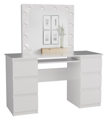 Kaptafel MARINA Serie met LED Spiegel & 6 Lades – KUBA Model | Kleur: Wit | Maat: 130x51x76 cm