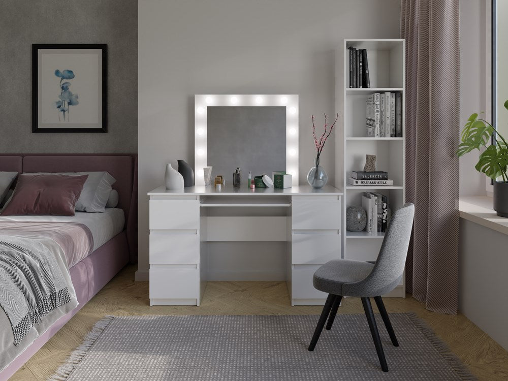 Kaptafel MARINA Serie met LED Spiegel & 6 Lades – KUBA Model | Kleur: Wit | Maat: 130x51x76 cm