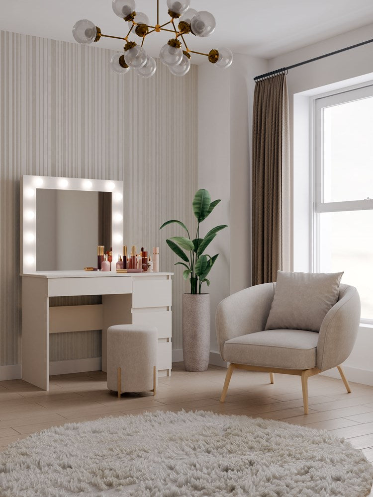 Elegante MARINA MIJAS kaptafel met LED spiegel en 4 lades | Kleur: Kasjmier | Maat: 98x76x51 cm