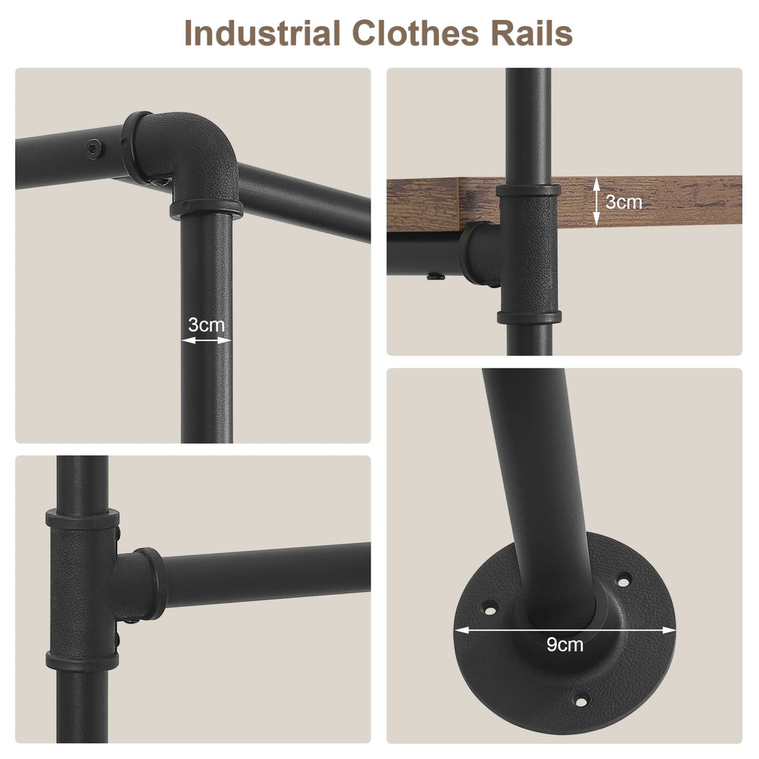 Industrielle Kleiderstange mit 5 Ablagen und Wandmontage | Schwarz | 187,5x35x184 cm