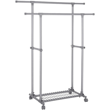 Kledingrek op wielen - uitschuifbaar dubbel - mobiel - max. 70 kg - 87-150 x 52 x 166 cm - grijs