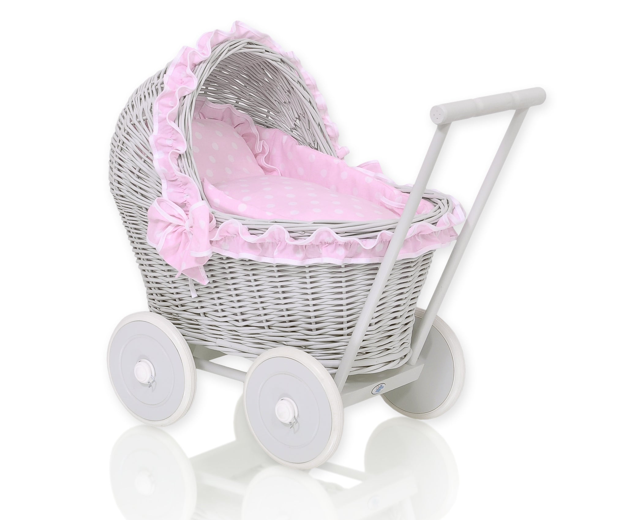 Wicker poppenwagen - rieten buggy - met roze beddengoed, extra stabiel en zacht gevoerd