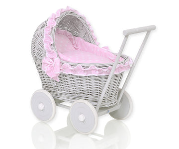 Wicker poppenwagen - rieten buggy - met roze beddengoed, extra stabiel en zacht gevoerd