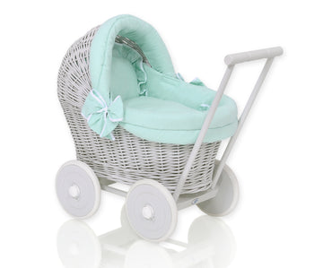 Wicker poppenwagen - rieten kinderwagen - met mintgroen beddengoed en veilig click-clack systeem