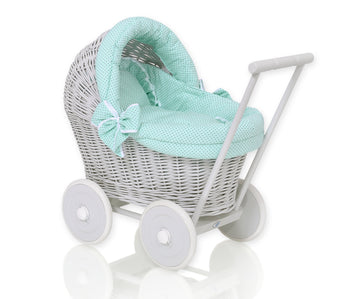 Wicker poppenwagen - rieten kinderwagen - met mintgroen beddengoed en veilig click-clack systeem