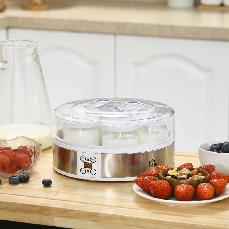 Yoghurtmaker 7 glazen potjes - 1260 ml | Kleur: Wit | Afmetingen: 24x24x13 cm