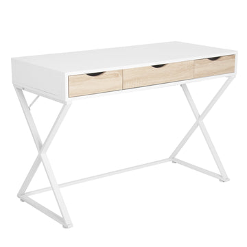 Schrijftafel met 3 laden van MDF en staal | Wit en houtkleur | 110x50x75 cm