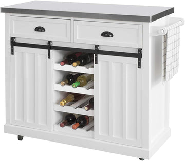 Keukenopbergwagen - Keukenkast - Kast - Dressoir - Keukeneiland met RVS Bovenblad & 2 Schuifdeuren
