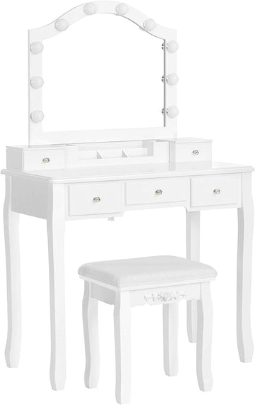 Kaptafelset met spiegel, verlichting, kruk en 5 lades - wit - 80 x 40 x 139 cm