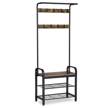 Kledingrek met kapstok, schoenenrek en bank, vintage industrieel, bruin/zwart, 72 x 33,7 x 183 cm