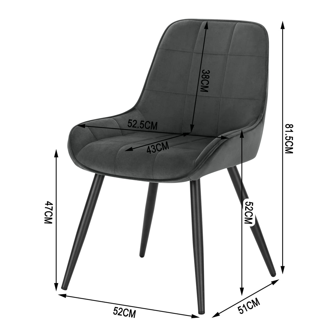 Set van 4 eetkamerstoelen van fluweel met rugleuning | Donkergrijs | 38x43x81,5 cm