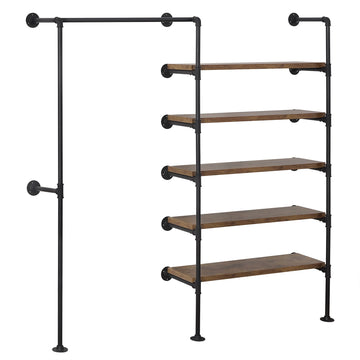 Industriële kledingrek met 5 planken en wandmontage | Zwart | 187,5x35x184 cm
