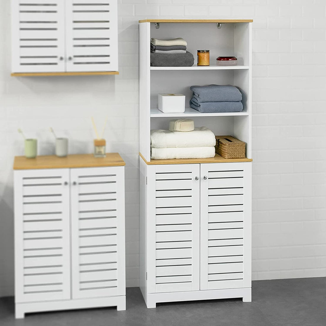 Badkamer Hoge Kast - Hoge Kast - Opbergkast met 3 Planken en 2 Deurtjes - B60 x D30 x H160cm