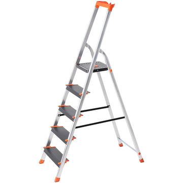 Aluminium trap, opvouwbaar, 5 treden, antislip, gereedschapsbak, zwart/oranje