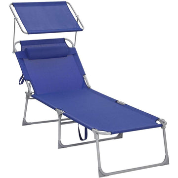 Ligbed met zonnedak, verstelbare rugleuning en hoofdsteun - blauw, 71 x 200 x 38 cm