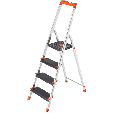 Aluminium trapladder, 4 treden, antislip, gereedschapsbak, zwart-oranje